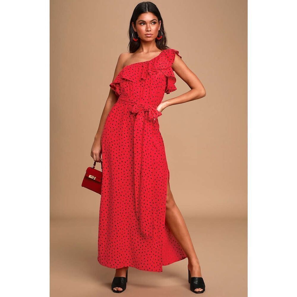 Billabong X Sincerely Jules Your Side Red Print Ruffled One-Shoulder Maxi Dress